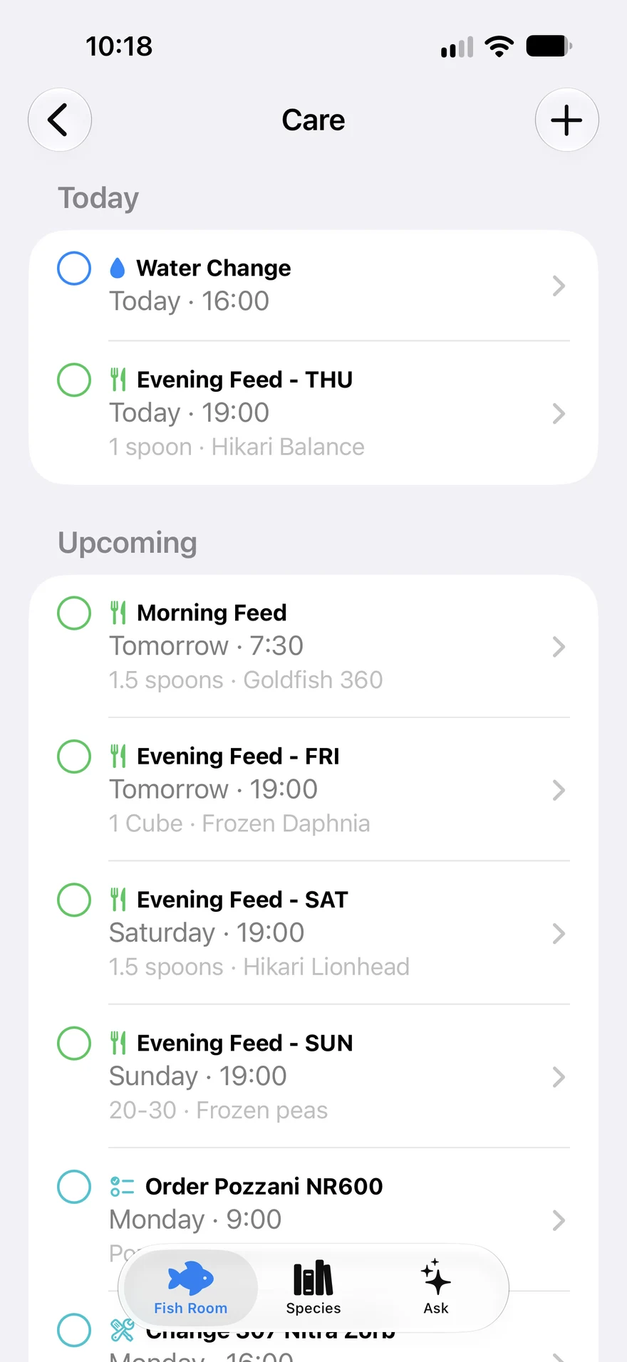 Aquary care schedule with today's and upcoming jobs