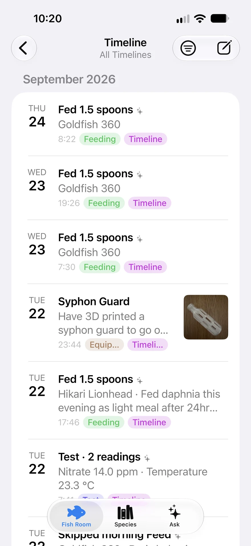 Aquary tank timeline with feeding and equipment entries