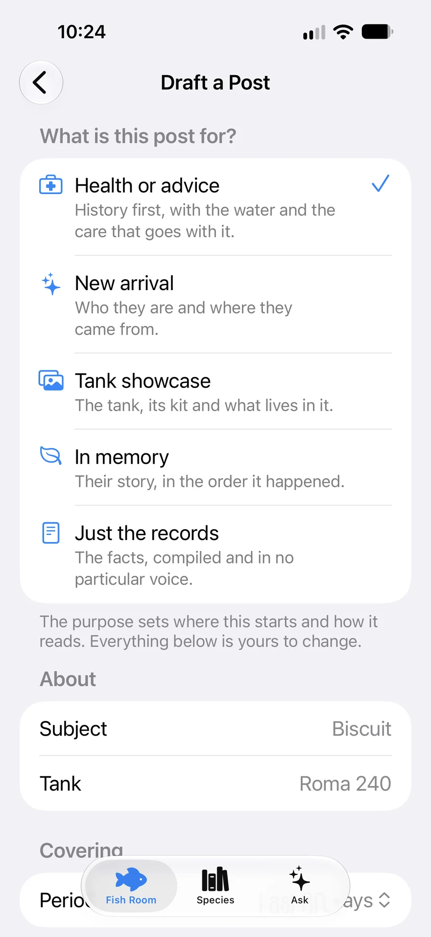 Aquary draft builder for health advice, showcases and memorial posts